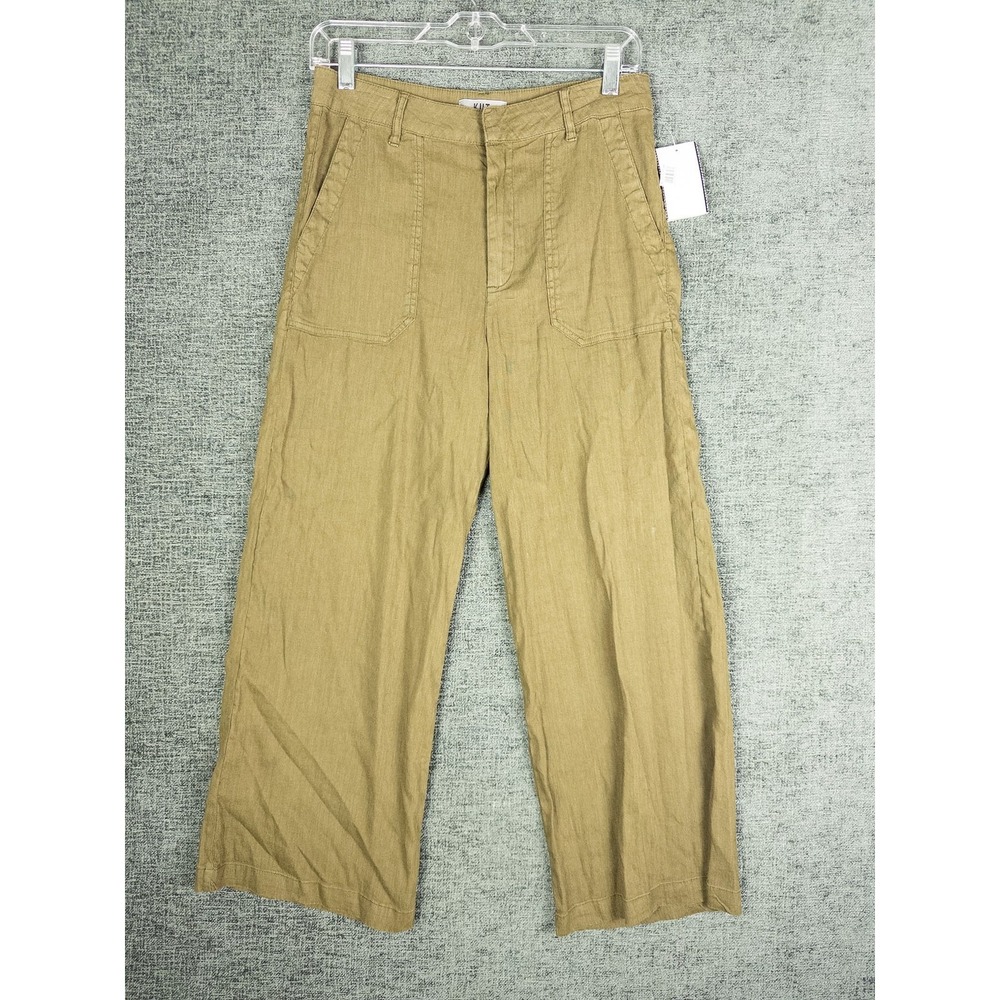 NWT KUT Wide Leg Linen Pants Womens 4 Olive Tan Trouser Casual Pull On